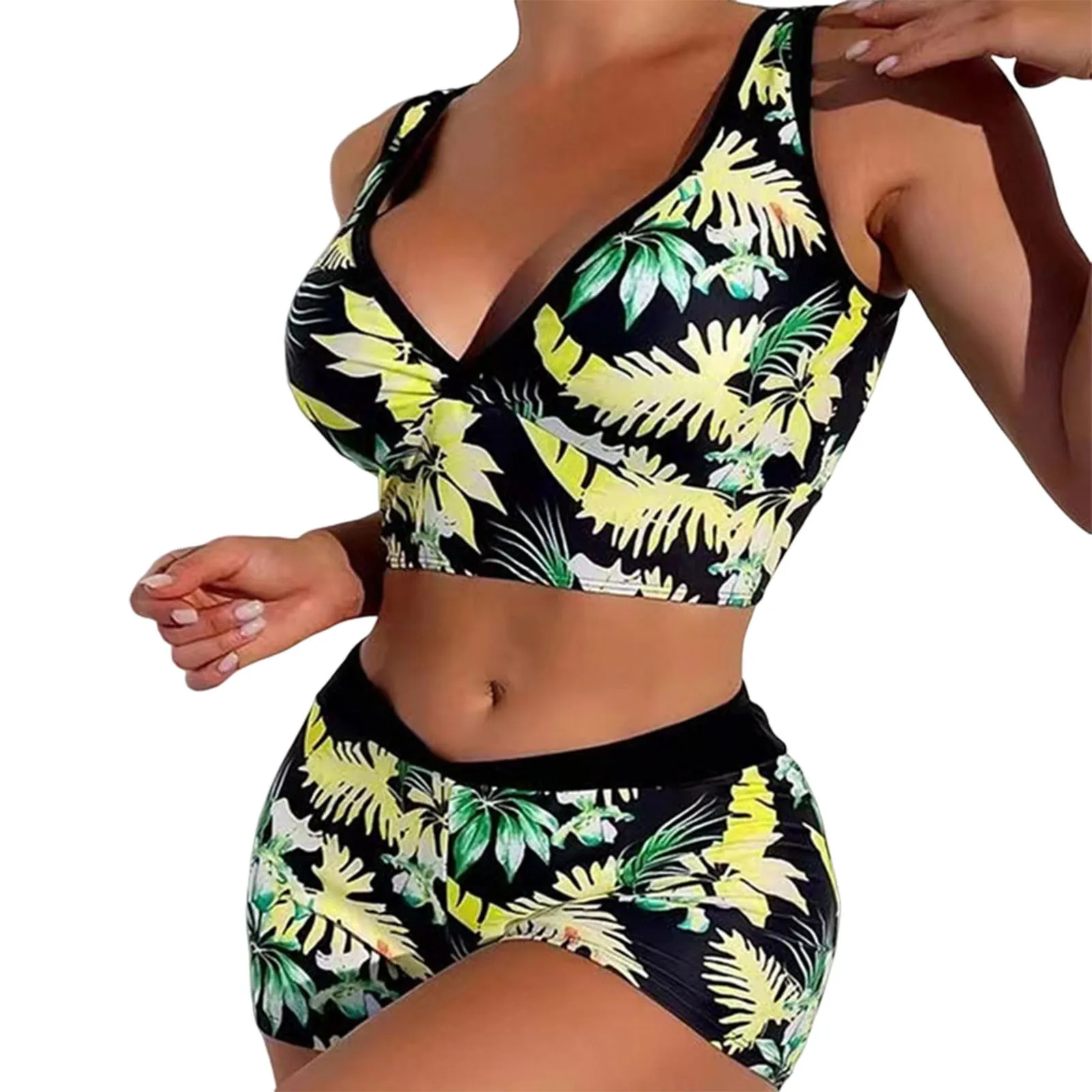 Women High Waisted Print Bikini Wide Shoulder Straps Border High Waist Push Up Swimwear Summer Separate Two-Piece Swimsuit