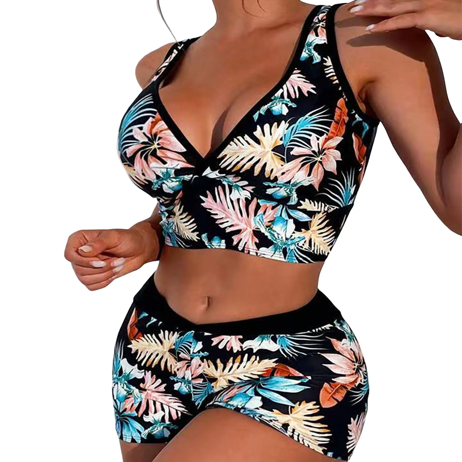 Women High Waisted Print Bikini Wide Shoulder Straps Border High Waist Push Up Swimwear Summer Separate Two-Piece Swimsuit