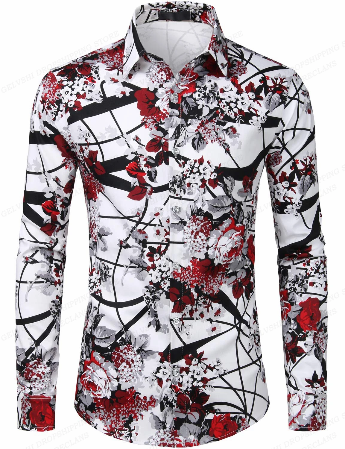 Red Rose Hawaiian Shirts Floral Print Shirts Men Fashion Shirt Long Sleeve Beach Blouse White Blouse Men's Clothing Vocation