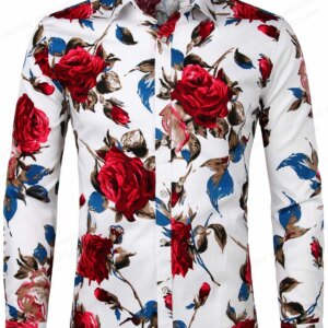 Red Rose Hawaiian Shirts Floral Print Shirts Men Fashion Shirt Long Sleeve Beach Blouse White Blouse Men's Clothing Vocation