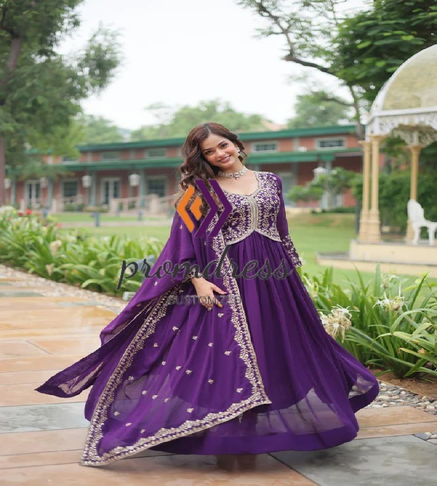 Ethnic Purple Lehenga Evening Dress With Dupatta Paskistani Georgette V Neck Gold Lace Abaya Prom Dress India Party Customized