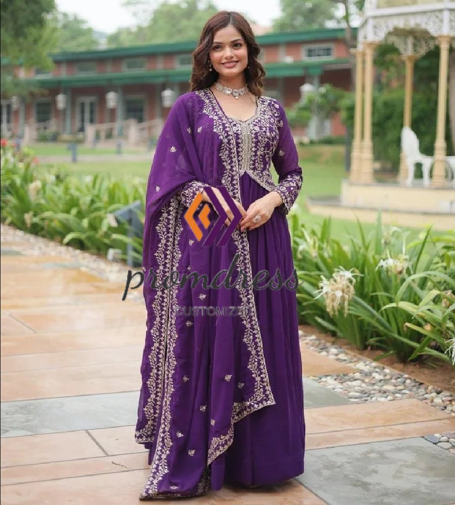 Ethnic Purple Lehenga Evening Dress With Dupatta Paskistani Georgette V Neck Gold Lace Abaya Prom Dress India Party Customized Ethnic Purple Lehenga Evening Dress With Dupatta Paskistani Georgette V Neck Gold Lace Abaya Prom Dress India Party Customized