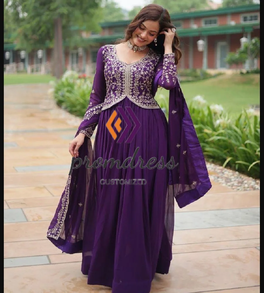 Ethnic Purple Lehenga Evening Dress With Dupatta Paskistani Georgette V Neck Gold Lace Abaya Prom Dress India Party Customized