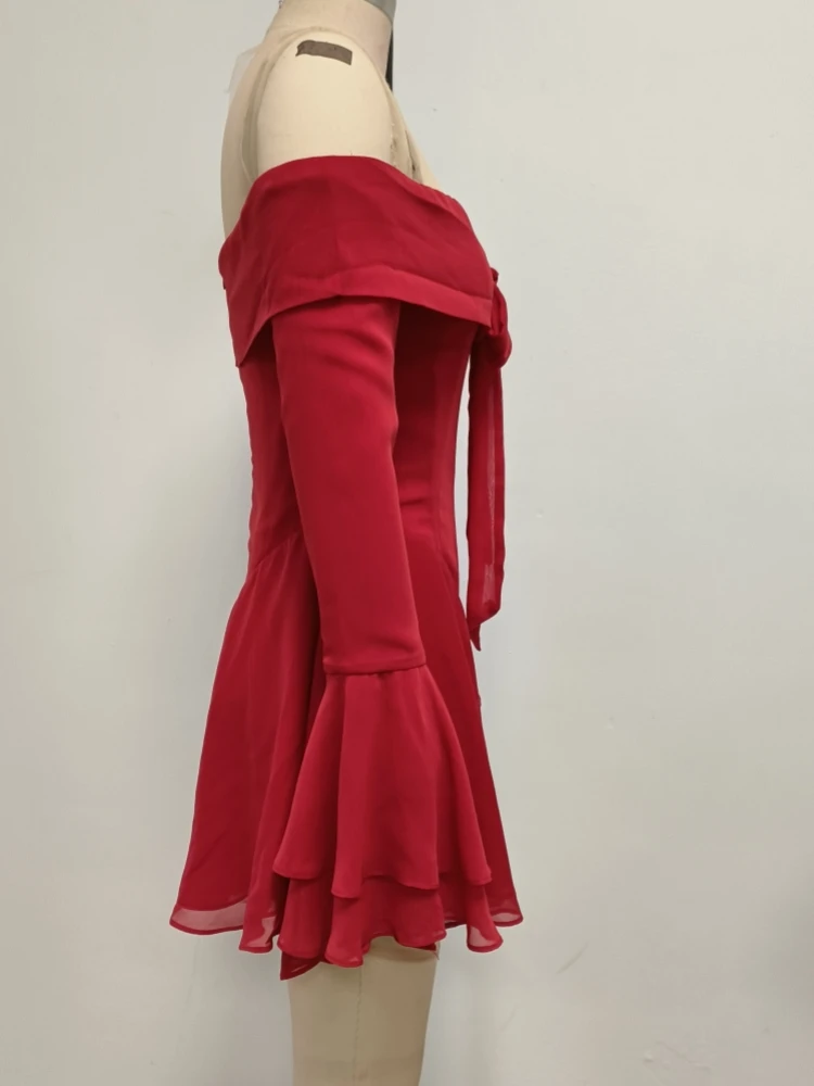 Sexy Long Flare Sleeve Lace-up Bow A-line Dress Women Black Red Off Shoulder Backless Pleated Mini Dresses Evening Party Clubwea Sexy Long Flare Sleeve Lace-up Bow A-line Dress Women Black Red Off Shoulder Backless Pleated Mini Dresses Evening Party Clubwea