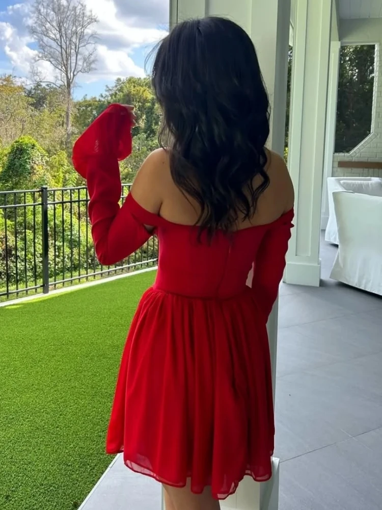 Sexy Long Flare Sleeve Lace-up Bow A-line Dress Women Black Red Off Shoulder Backless Pleated Mini Dresses Evening Party Clubwea