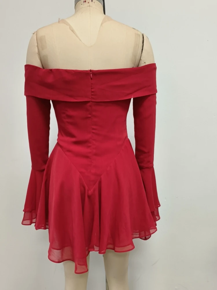 Sexy Long Flare Sleeve Lace-up Bow A-line Dress Women Black Red Off Shoulder Backless Pleated Mini Dresses Evening Party Clubwea Sexy Long Flare Sleeve Lace-up Bow A-line Dress Women Black Red Off Shoulder Backless Pleated Mini Dresses Evening Party Clubwea