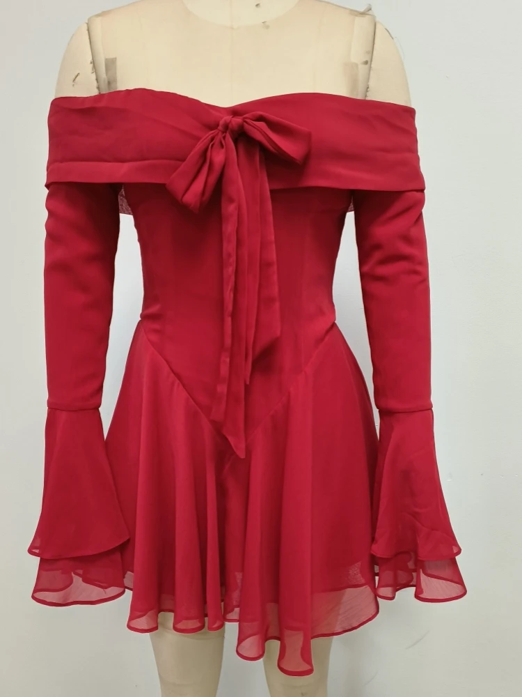 Sexy Long Flare Sleeve Lace-up Bow A-line Dress Women Black Red Off Shoulder Backless Pleated Mini Dresses Evening Party Clubwea Sexy Long Flare Sleeve Lace-up Bow A-line Dress Women Black Red Off Shoulder Backless Pleated Mini Dresses Evening Party Clubwea