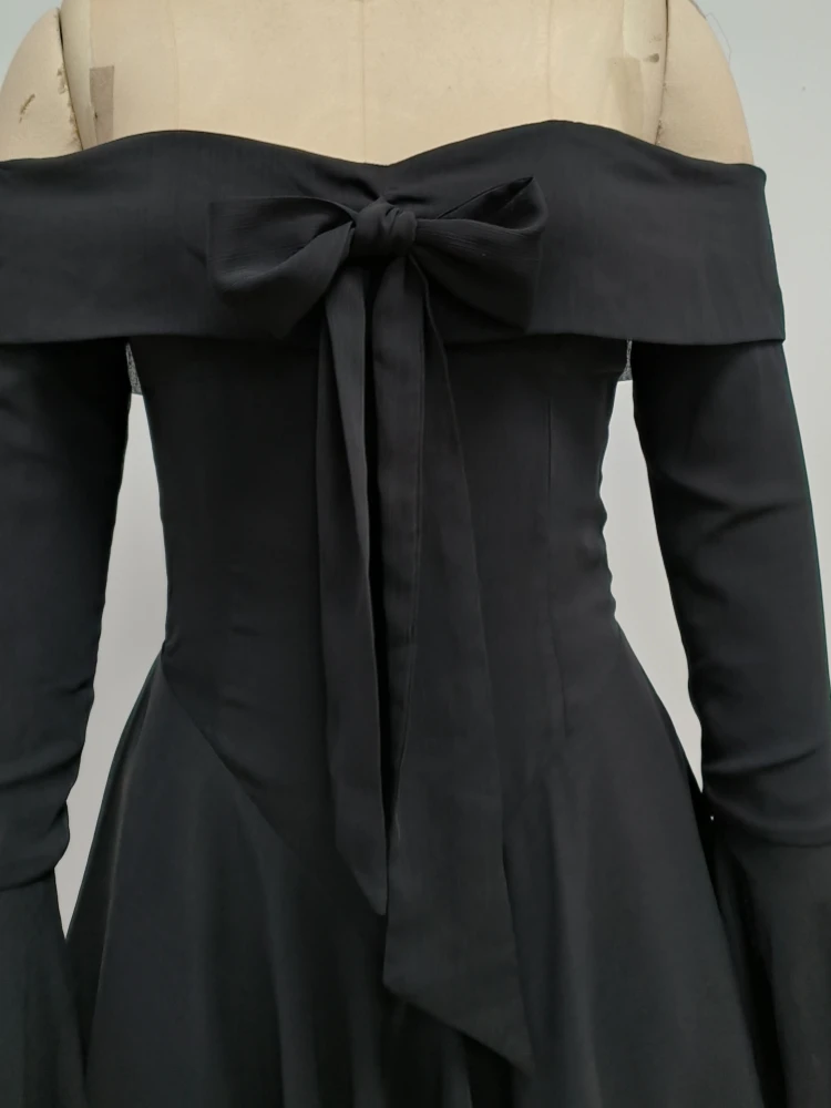 Sexy Long Flare Sleeve Lace-up Bow A-line Dress Women Black Red Off Shoulder Backless Pleated Mini Dresses Evening Party Clubwea Sexy Long Flare Sleeve Lace-up Bow A-line Dress Women Black Red Off Shoulder Backless Pleated Mini Dresses Evening Party Clubwea