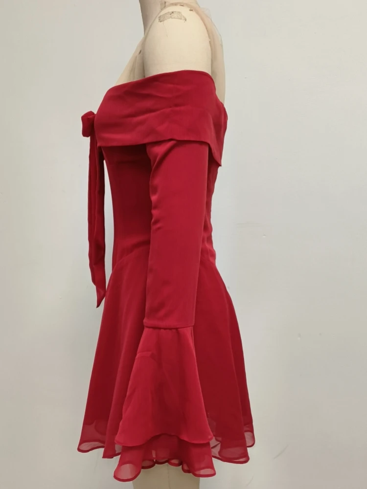 Sexy Long Flare Sleeve Lace-up Bow A-line Dress Women Black Red Off Shoulder Backless Pleated Mini Dresses Evening Party Clubwea Sexy Long Flare Sleeve Lace-up Bow A-line Dress Women Black Red Off Shoulder Backless Pleated Mini Dresses Evening Party Clubwea