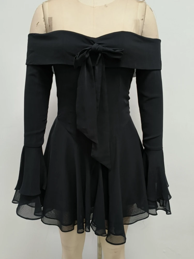 Sexy Long Flare Sleeve Lace-up Bow A-line Dress Women Black Red Off Shoulder Backless Pleated Mini Dresses Evening Party Clubwea Sexy Long Flare Sleeve Lace-up Bow A-line Dress Women Black Red Off Shoulder Backless Pleated Mini Dresses Evening Party Clubwea