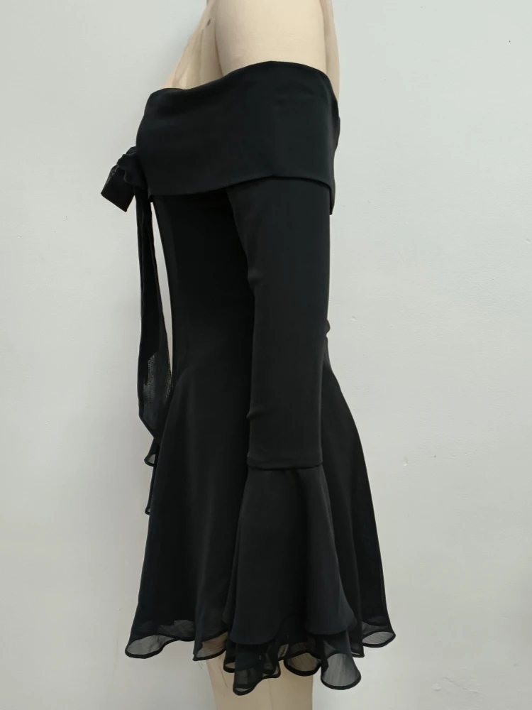 Sexy Long Flare Sleeve Lace-up Bow A-line Dress Women Black Red Off Shoulder Backless Pleated Mini Dresses Evening Party Clubwea Sexy Long Flare Sleeve Lace-up Bow A-line Dress Women Black Red Off Shoulder Backless Pleated Mini Dresses Evening Party Clubwea