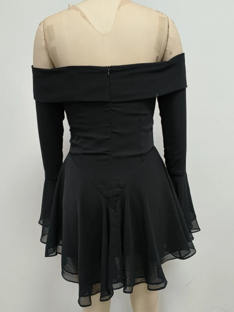 Sexy Long Flare Sleeve Lace-up Bow A-line Dress Women Black Red Off Shoulder Backless Pleated Mini Dresses Evening Party Clubwea Sexy Long Flare Sleeve Lace-up Bow A-line Dress Women Black Red Off Shoulder Backless Pleated Mini Dresses Evening Party Clubwea