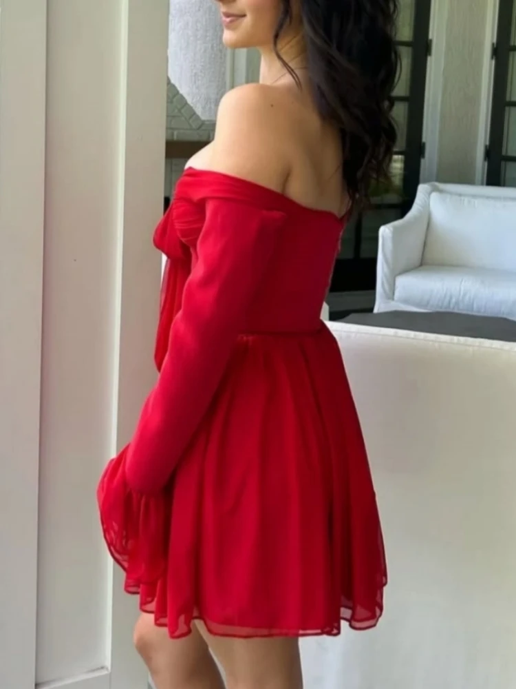 Sexy Long Flare Sleeve Lace-up Bow A-line Dress Women Black Red Off Shoulder Backless Pleated Mini Dresses Evening Party Clubwea Sexy Long Flare Sleeve Lace-up Bow A-line Dress Women Black Red Off Shoulder Backless Pleated Mini Dresses Evening Party Clubwea