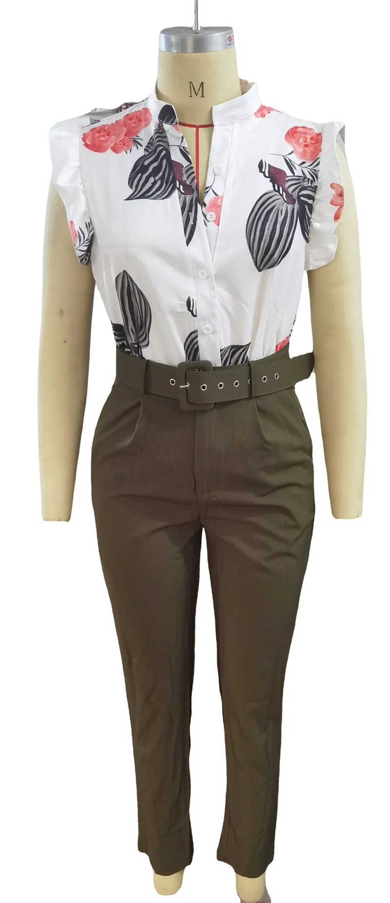 Summer Women's Flower Print Lotus Leaf Sleeve High Waist Pants Set Waist Belt Women's V-Neck Two Piece Set Work Suit Set