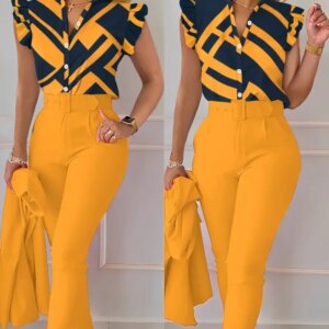 Summer Women's Flower Print Lotus Leaf Sleeve High Waist Pants Set Waist Belt Women's V-Neck Two Piece Set Work Suit Set