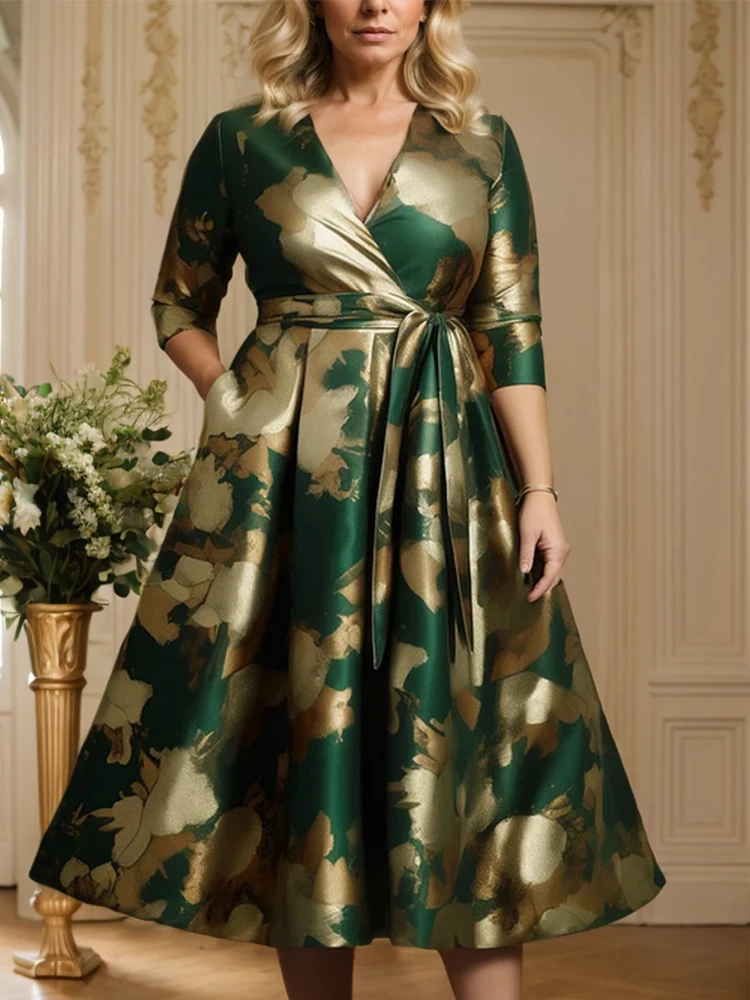 Floral Printed Satin Plus Size Dress for Women Sexy V-Neck Pleated A-Line Elegant Vintage Casual Half Sleeve Evening Midi Dress