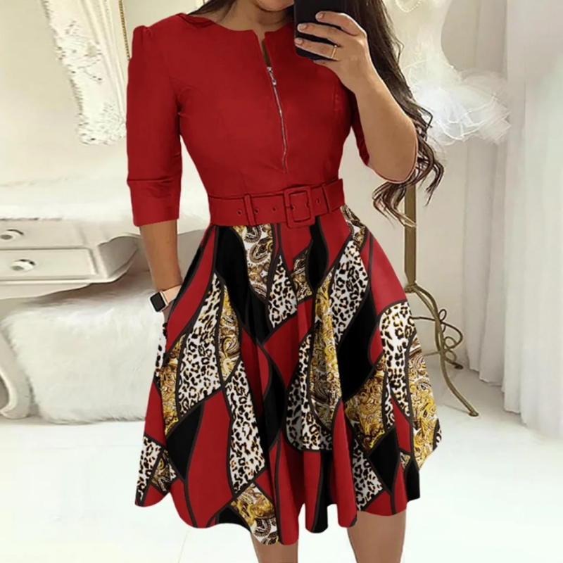 Fashion Women Patchwork A-line Dresses Autumn/Winter Round Neck Printed Belt Party Dress Elegant Office Lady Zipper Dress Fashion Women Patchwork A-line Dresses Autumn/Winter Round Neck Printed Belt Party Dress Elegant Office Lady Zipper Dress