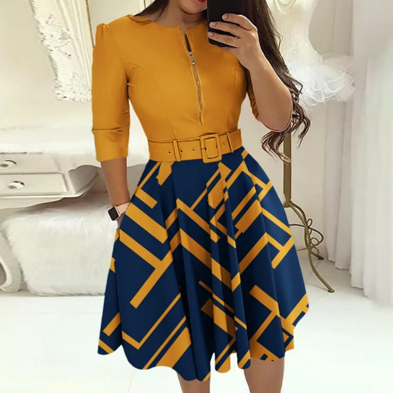 Fashion Women Patchwork A-line Dresses Autumn/Winter Round Neck Printed Belt Party Dress Elegant Office Lady Zipper Dress Fashion Women Patchwork A-line Dresses Autumn/Winter Round Neck Printed Belt Party Dress Elegant Office Lady Zipper Dress