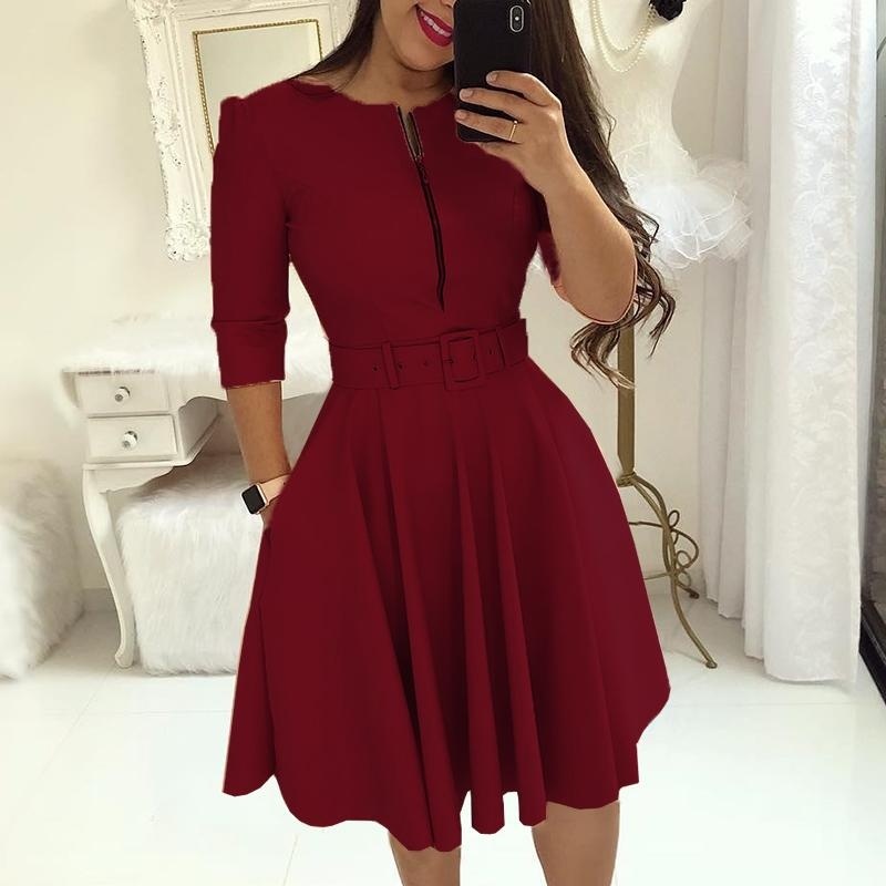Fashion Women Patchwork A-line Dresses Autumn/Winter Round Neck Printed Belt Party Dress Elegant Office Lady Zipper Dress Fashion Women Patchwork A-line Dresses Autumn/Winter Round Neck Printed Belt Party Dress Elegant Office Lady Zipper Dress