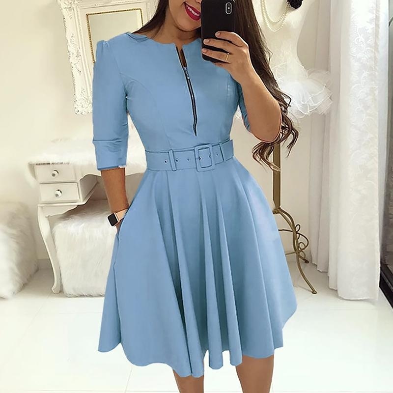 Fashion Women Patchwork A-line Dresses Autumn/Winter Round Neck Printed Belt Party Dress Elegant Office Lady Zipper Dress Fashion Women Patchwork A-line Dresses Autumn/Winter Round Neck Printed Belt Party Dress Elegant Office Lady Zipper Dress