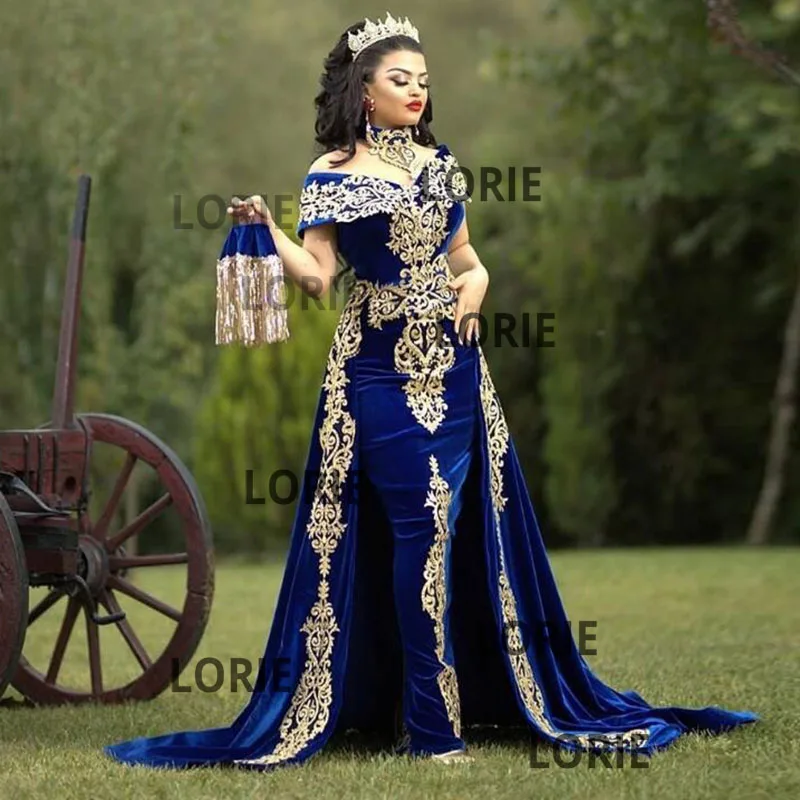 LORIE Moroccan Caftan Evening Dress Gold Appliques Lace Cap Sleeve Royal Blue Mermaid Velvet Arabic Party Prom Gowns Customized