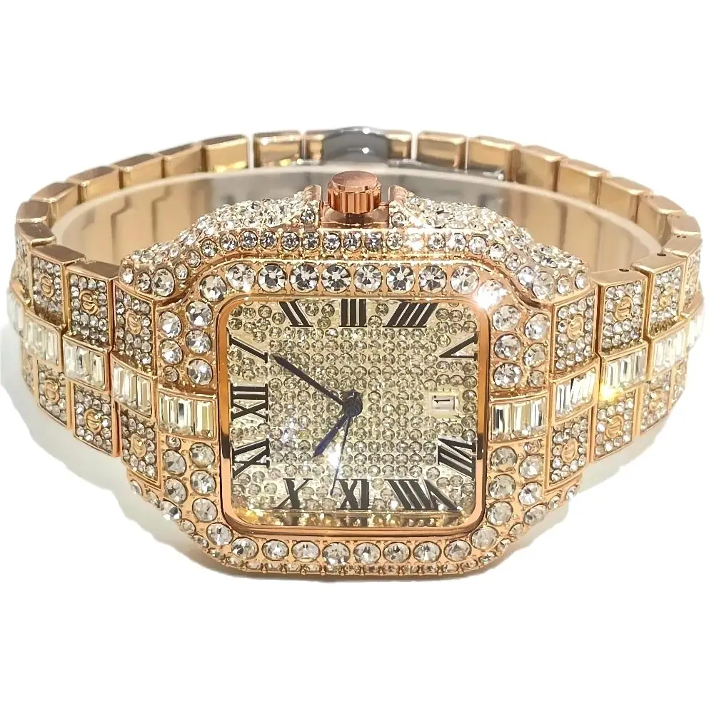 Top LuxuryQuartz Watch For Men Fashion Hip Hop Gold Iced Diamond Square Waterproof Stainless steel Clocks Male Relogio Masculino