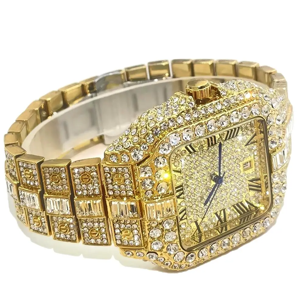 Top LuxuryQuartz Watch For Men Fashion Hip Hop Gold Iced Diamond Square Waterproof Stainless steel Clocks Male Relogio Masculino