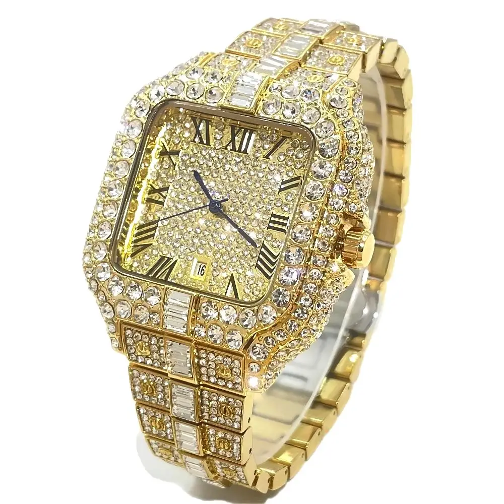 Top LuxuryQuartz Watch For Men Fashion Hip Hop Gold Iced Diamond Square Waterproof Stainless steel Clocks Male Relogio Masculino