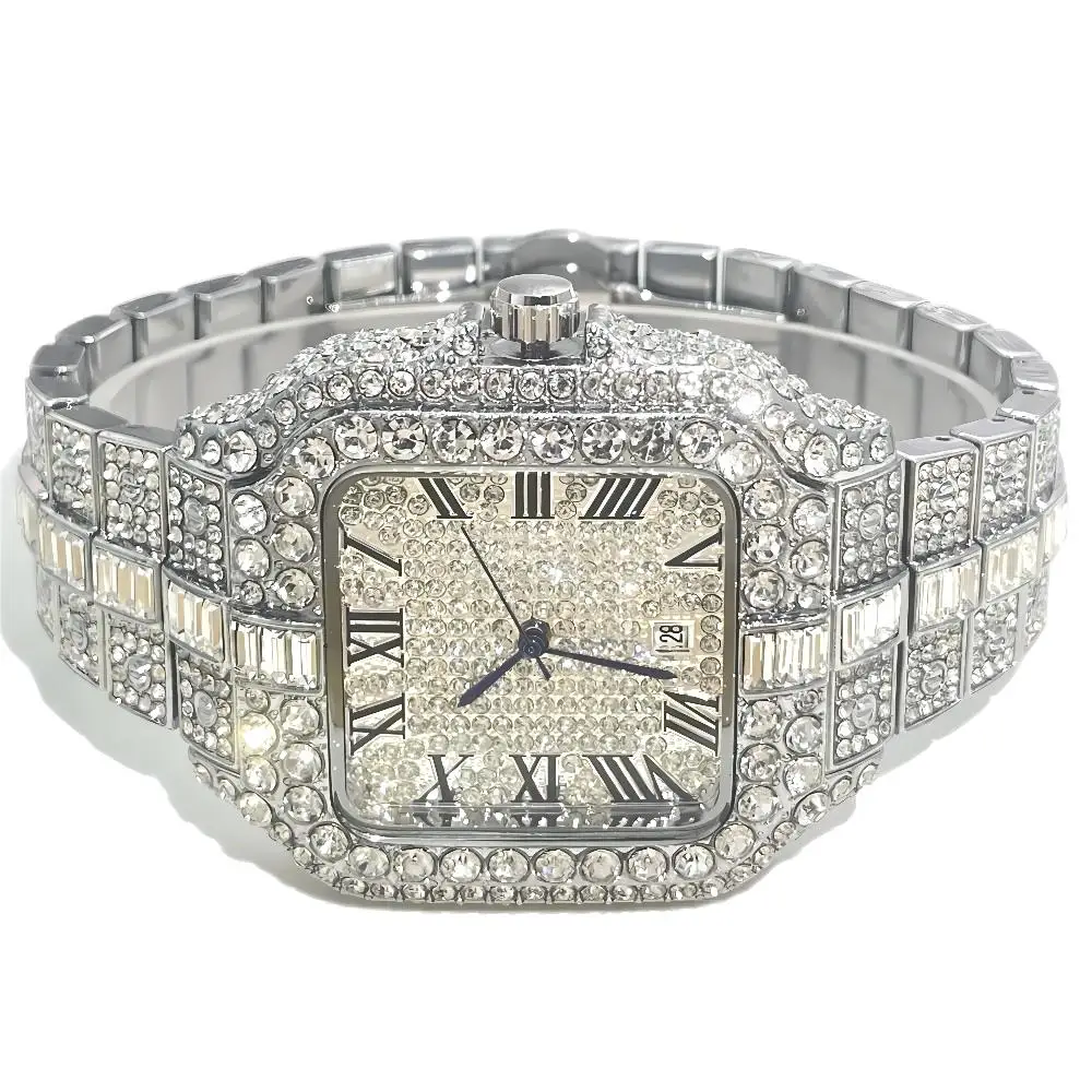 Top LuxuryQuartz Watch For Men Fashion Hip Hop Gold Iced Diamond Square Waterproof Stainless steel Clocks Male Relogio Masculino