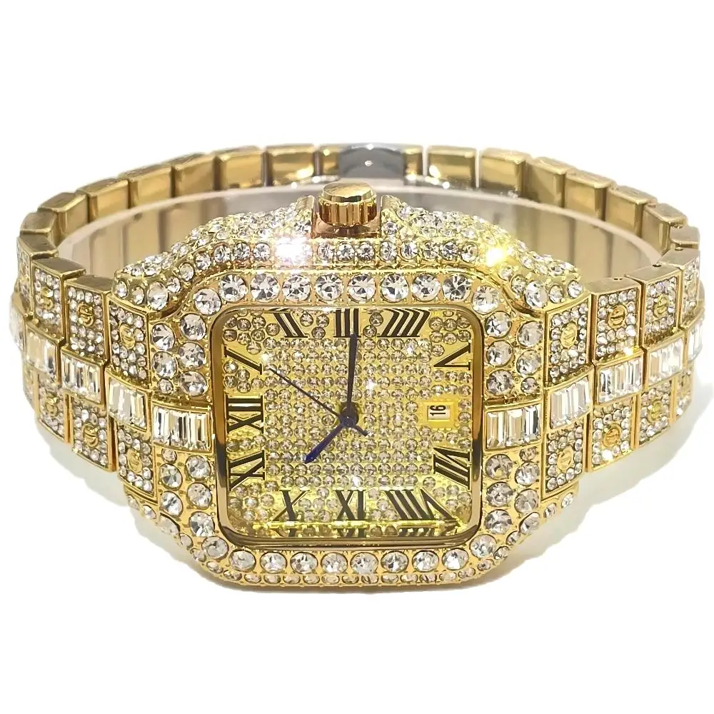 Top LuxuryQuartz Watch For Men Fashion Hip Hop Gold Iced Diamond Square Waterproof Stainless steel Clocks Male Relogio Masculino