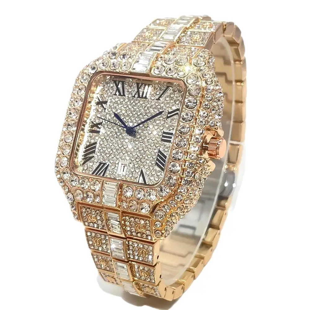 Top LuxuryQuartz Watch For Men Fashion Hip Hop Gold Iced Diamond Square Waterproof Stainless steel Clocks Male Relogio Masculino