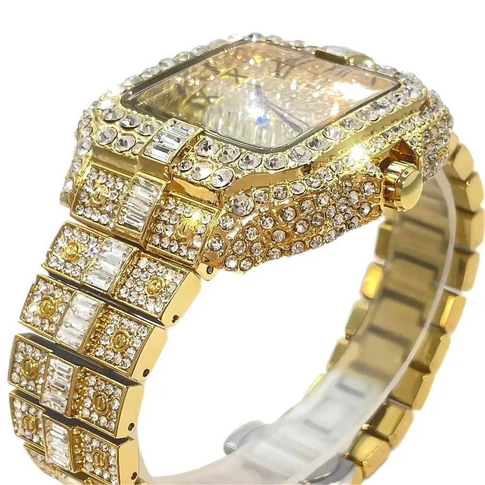 Top LuxuryQuartz Watch For Men Fashion Hip Hop Gold Iced Diamond Square Waterproof Stainless steel Clocks Male Relogio Masculino