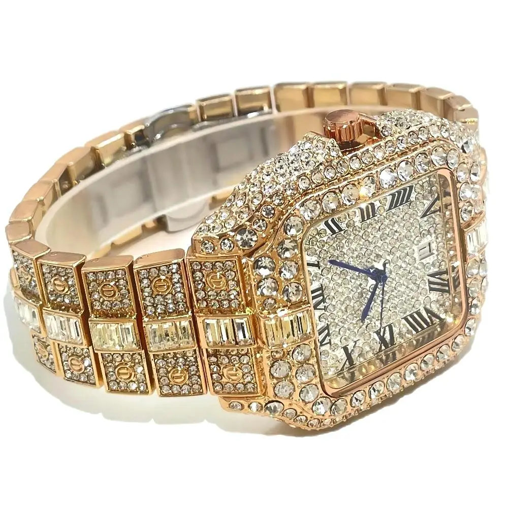 Top LuxuryQuartz Watch For Men Fashion Hip Hop Gold Iced Diamond Square Waterproof Stainless steel Clocks Male Relogio Masculino