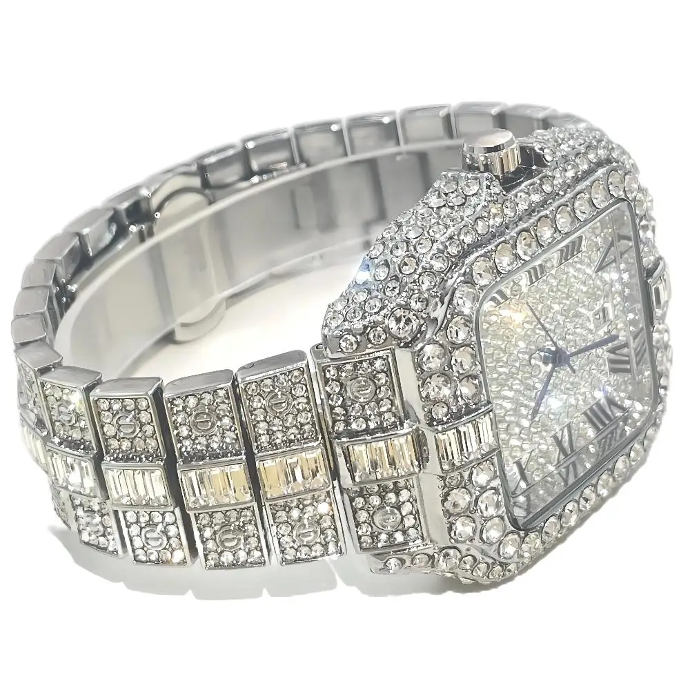 Top LuxuryQuartz Watch For Men Fashion Hip Hop Gold Iced Diamond Square Waterproof Stainless steel Clocks Male Relogio Masculino