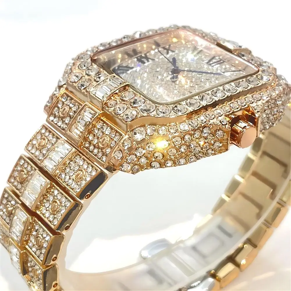 Top LuxuryQuartz Watch For Men Fashion Hip Hop Gold Iced Diamond Square Waterproof Stainless steel Clocks Male Relogio Masculino