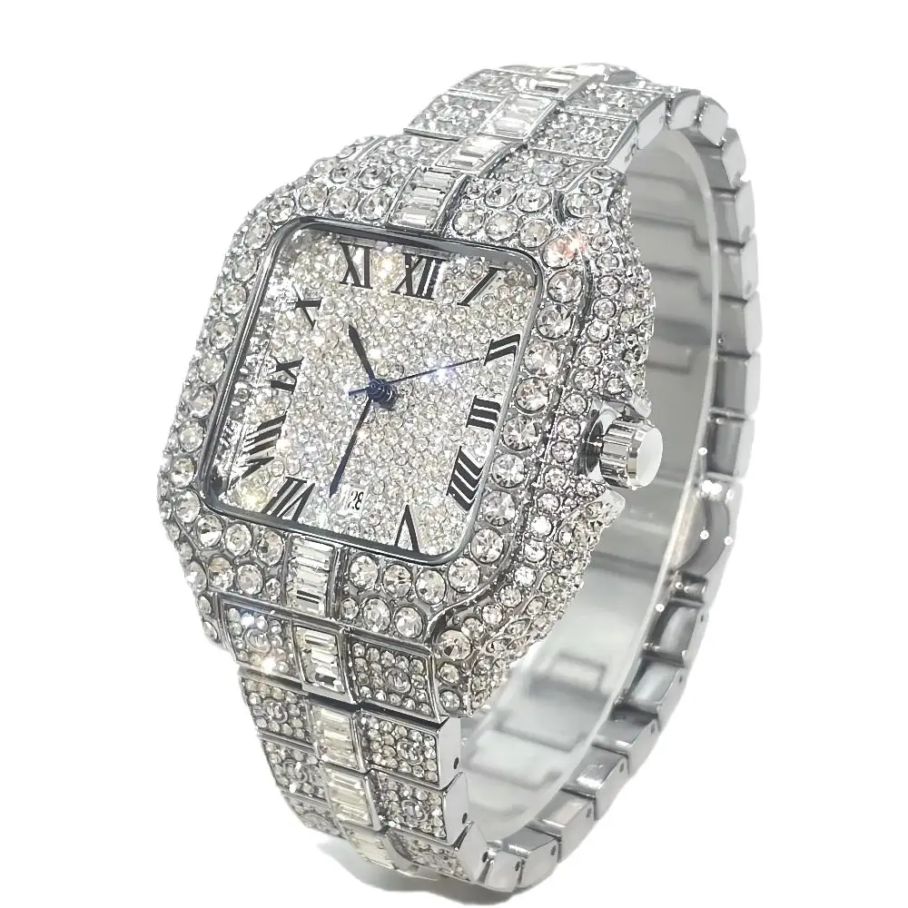 Top LuxuryQuartz Watch For Men Fashion Hip Hop Gold Iced Diamond Square Waterproof Stainless steel Clocks Male Relogio Masculino