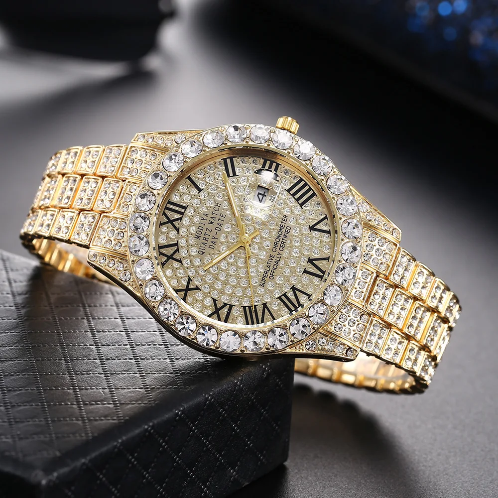 Luxury Classic Golden Men's Steel Strap Roman Scale Rhinestone Calendar Quartz Watch Fashion Male Wristwatch Relogio Masculino Luxury Classic Golden Men's Steel Strap Roman Scale Rhinestone Calendar Quartz Watch Fashion Male Wristwatch Relogio Masculino