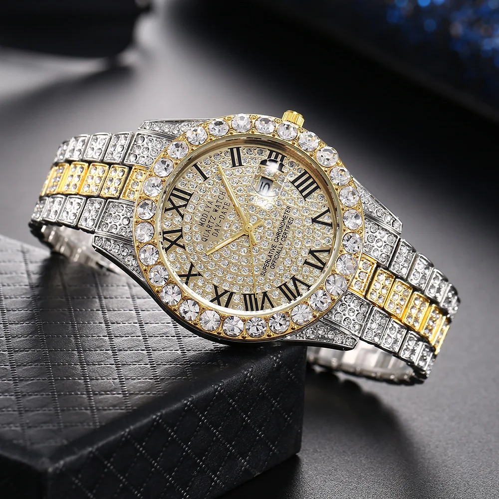 Luxury Classic Golden Men's Steel Strap Roman Scale Rhinestone Calendar Quartz Watch Fashion Male Wristwatch Relogio Masculino Luxury Classic Golden Men's Steel Strap Roman Scale Rhinestone Calendar Quartz Watch Fashion Male Wristwatch Relogio Masculino
