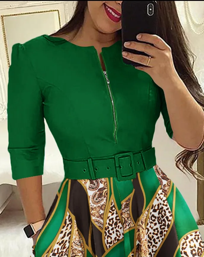 Women's Summer Fashion Belt Mid Length Dress With Baroque Leopard Print Color Blocking Zipper Design Casual Office Dress