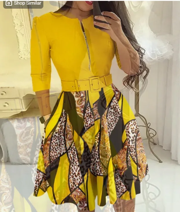 Women's Summer Fashion Belt Mid Length Dress With Baroque Leopard Print Color Blocking Zipper Design Casual Office Dress