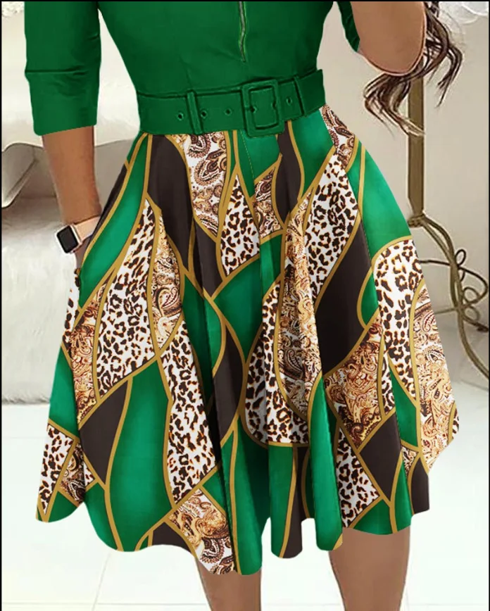 Women's Summer Fashion Belt Mid Length Dress With Baroque Leopard Print Color Blocking Zipper Design Casual Office Dress