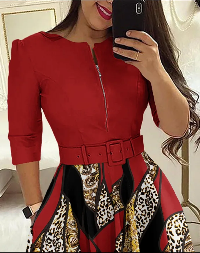 Women's Summer Fashion Belt Mid Length Dress With Baroque Leopard Print Color Blocking Zipper Design Casual Office Dress