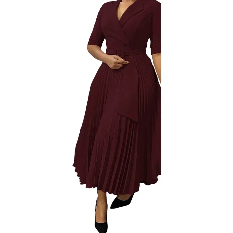 2024 Dashiki African Dresses for Women Autumn Elegant Half Sleeve V-neck Polyester Pleat Dress Ankara Dresses African Clothes
