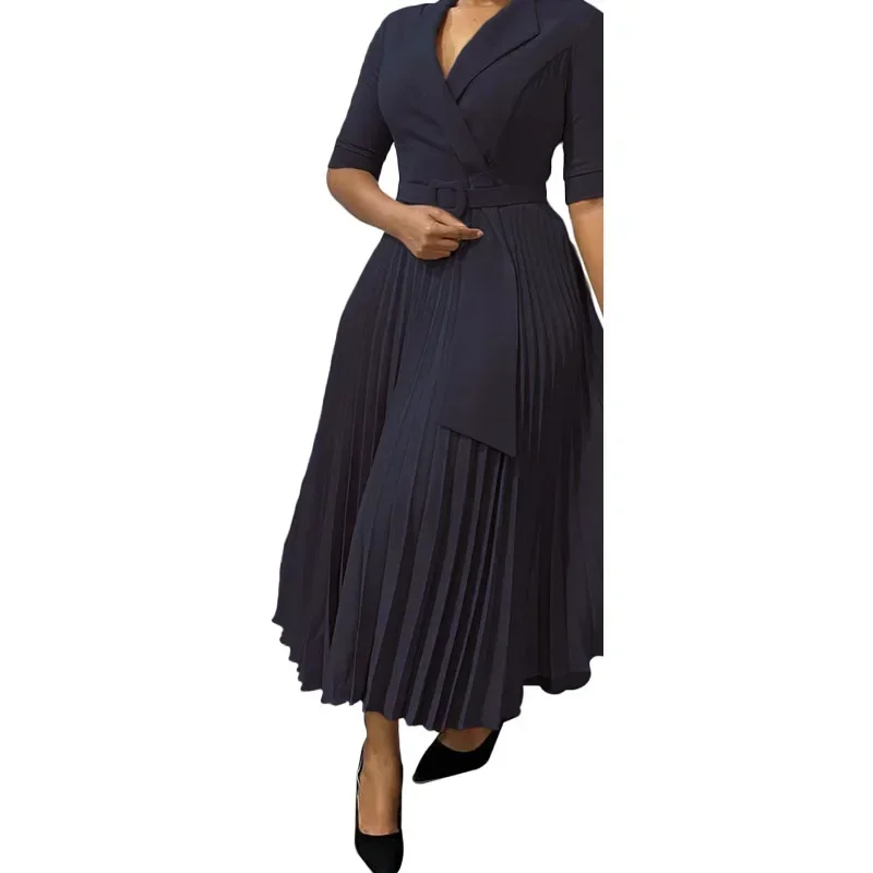 2024 Dashiki African Dresses for Women Autumn Elegant Half Sleeve V-neck Polyester Pleat Dress Ankara Dresses African Clothes