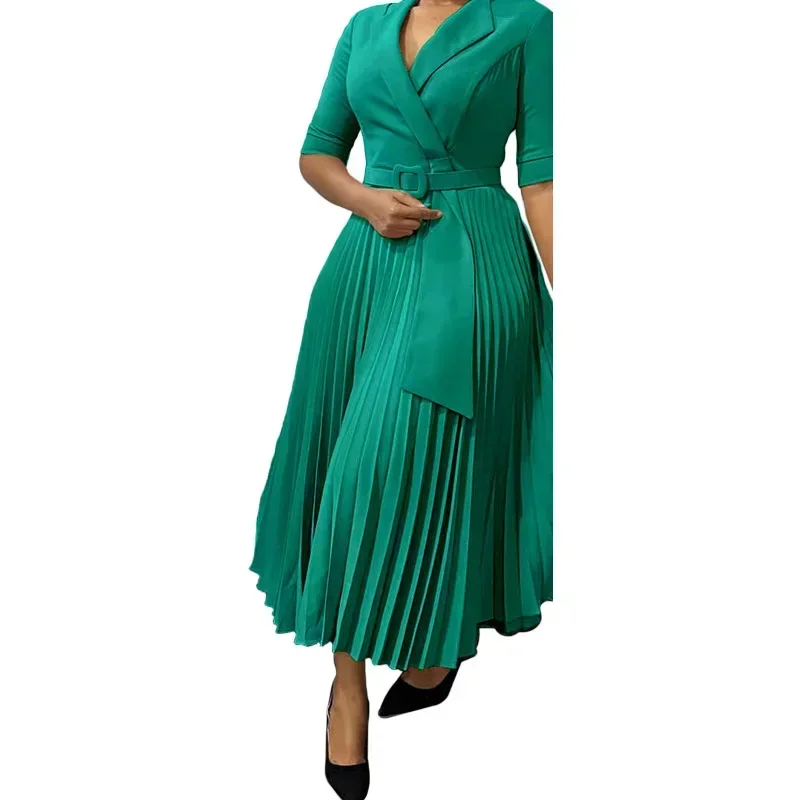 2024 Dashiki African Dresses for Women Autumn Elegant Half Sleeve V-neck Polyester Pleat Dress Ankara Dresses African Clothes