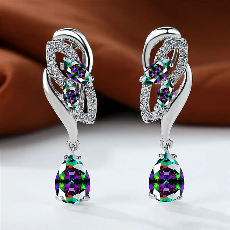 Luxury Female Blue Rainbow Stone Earring Silver Color Clip Earrings For Women Charm Crystal Zircon Wedding Jewelry