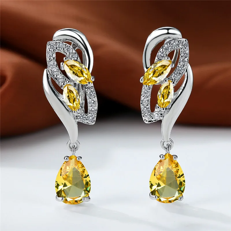 Luxury Female Blue Rainbow Stone Earring Silver Color Clip Earrings For Women Charm Crystal Zircon Wedding Jewelry