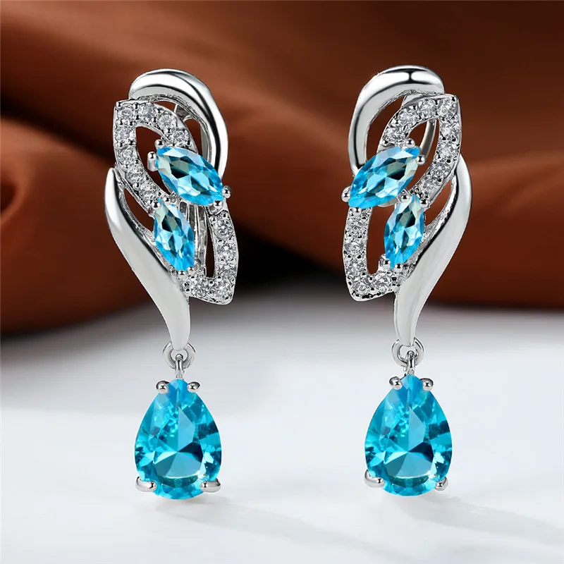 Luxury Female Blue Rainbow Stone Earring Silver Color Clip Earrings For Women Charm Crystal Zircon Wedding Jewelry