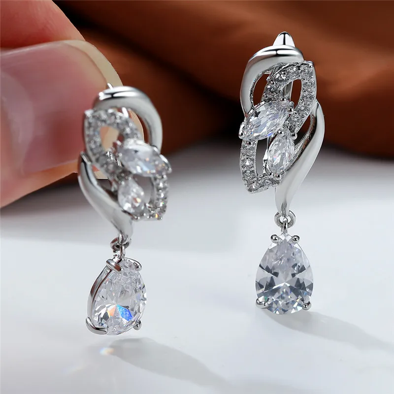 Luxury Female Blue Rainbow Stone Earring Silver Color Clip Earrings For Women Charm Crystal Zircon Wedding Jewelry