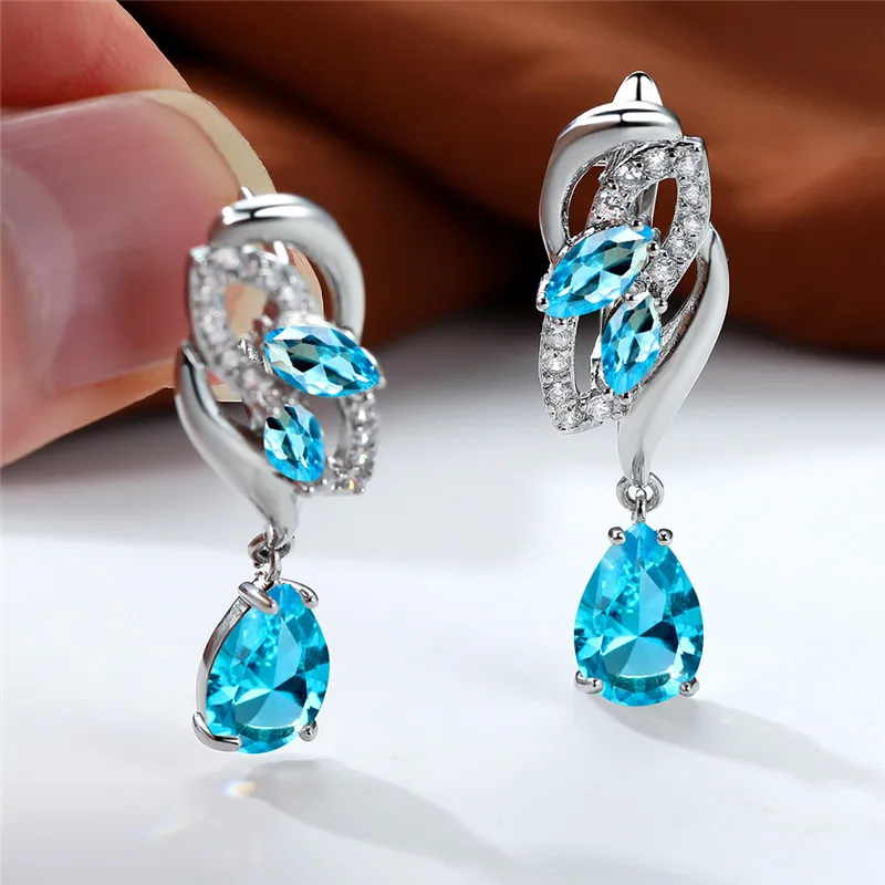Luxury Female Blue Rainbow Stone Earring Silver Color Clip Earrings For Women Charm Crystal Zircon Wedding Jewelry
